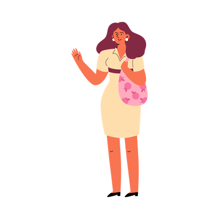 Mulher bonita sorridente em vestido com bolsa rosa acenando  Ilustração