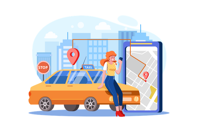 Mulher localizando rota de táxi no mapa digital  Ilustração