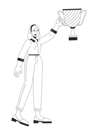 Mulher Loira Caucasiana Levantando Personagem De Desenho Animado Linear 2 D Da Copa Campea Feliz Vencedora Europeia Com Pessoa De Contorno Vetorial Isolada Premiada Ilustra O De Ponto Plano Monocrom Tico Da Vitoria Ilustração