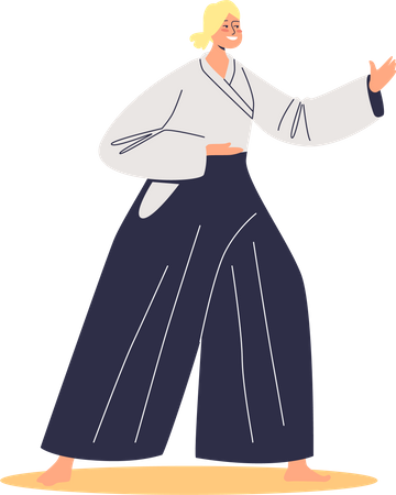 Mulher lutadora de aikido fantasiada para competição ou treinamento  Ilustração