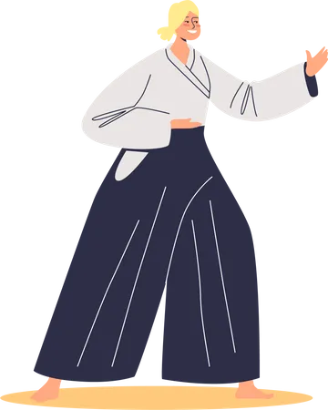 Mulher lutadora de aikido fantasiada para competição ou treinamento  Ilustração