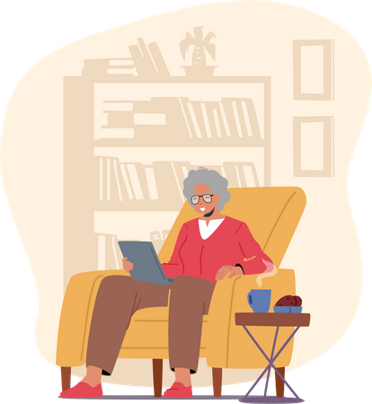 Mulher mais velha sentada na cadeira  Ilustração