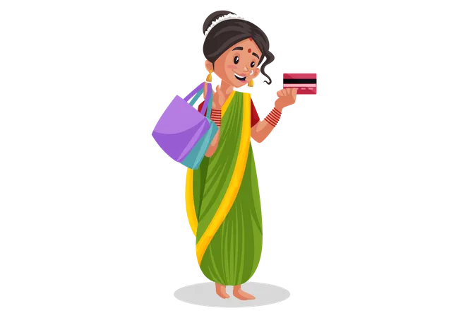 Mulher indiana Marathi está segurando cartão multibanco e sacolas de compras na mão  Ilustração