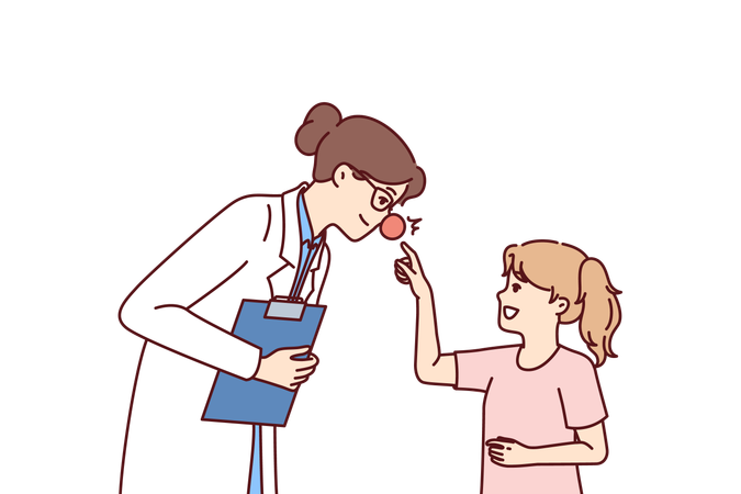 Médica com nariz vermelho inclina-se para a menina  Ilustração
