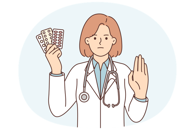 Médica com pílulas mostra gesto de parada pedindo para parar de tomar antibióticos ou antidepressivos  Ilustração