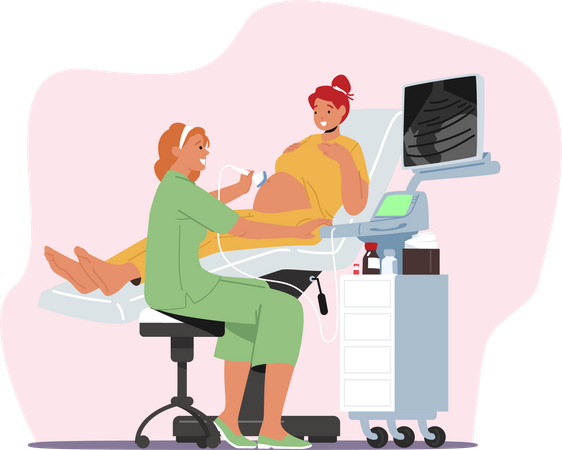 Médica examinando o estômago de uma mulher grávida com uma máquina de ultrassom  Ilustração