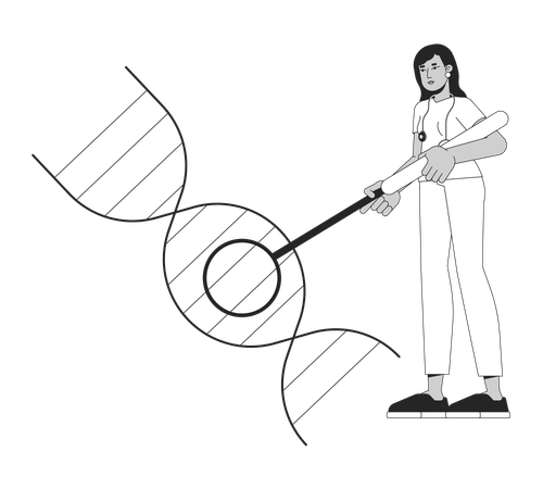 Médica pesquisando hélice de DNA  Ilustração