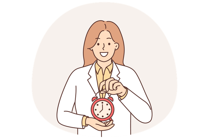 Médica segurando despertador recomendando seguir o cronograma de tomada de medicamentos  Ilustração