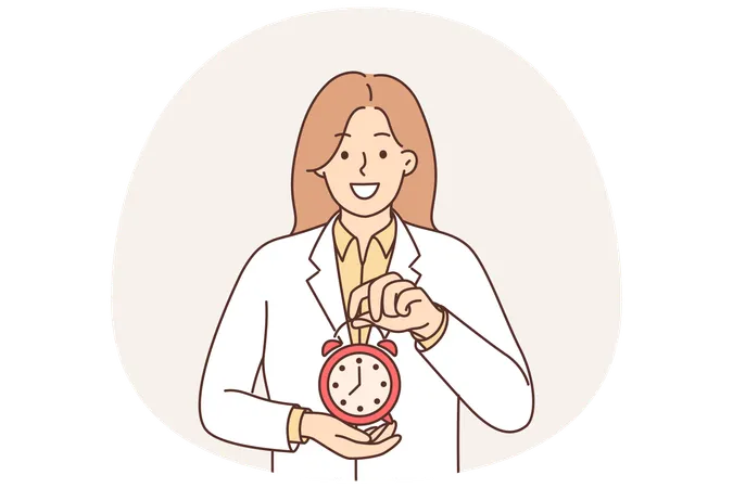 Médica segurando despertador recomendando seguir o cronograma de tomada de medicamentos  Ilustração