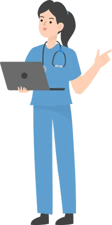 Médica segurando laptop  Ilustração
