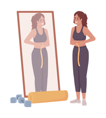 Mulher medindo a cintura perto do espelho  Ilustração
