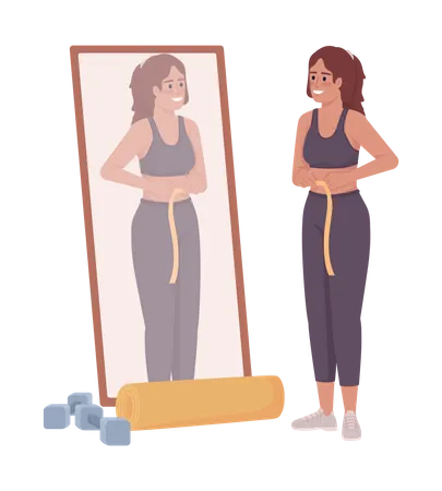 Mulher medindo a cintura perto do espelho  Ilustração