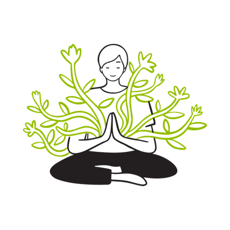 Mulher meditando com plantas crescendo em seu corpo  Illustration