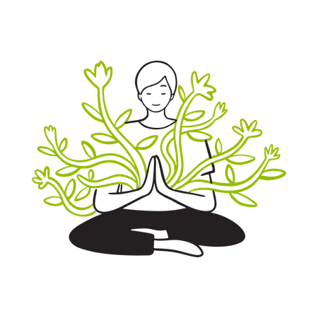 Mulher meditando com plantas crescendo em seu corpo  Illustration