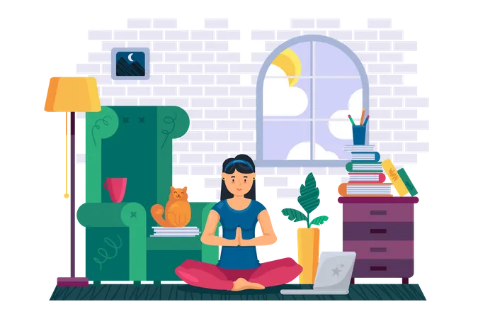 Mulher meditando em casa  Ilustração