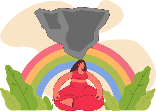 Mulher meditando pacificamente com uma pedra enorme na cabeça.  Ilustração