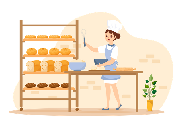 Mulher misturando massa em uma tigela na fábrica de pão  Ilustração