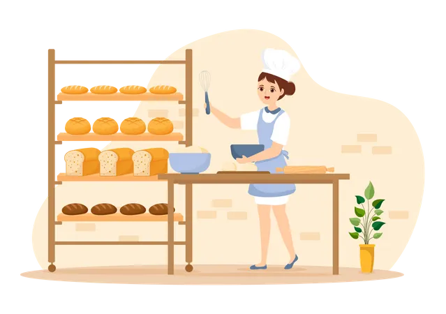 Mulher misturando massa em uma tigela na fábrica de pão  Ilustração
