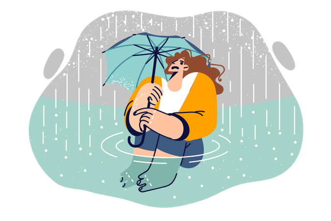 Mulher molhada com guarda-chuva senta-se em poça durante chuva ou furacão  Ilustração