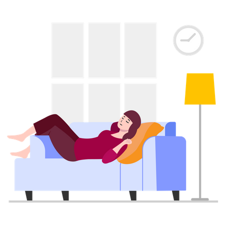 Mulher morando no sofá em casa  Ilustração