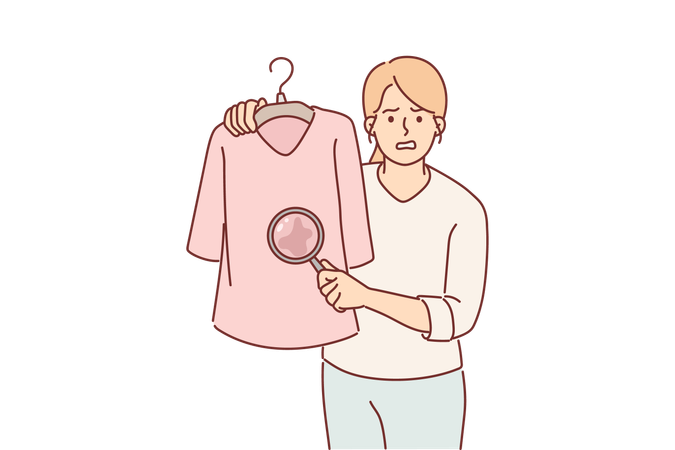 Mulher mostra mancha em camiseta  Ilustração