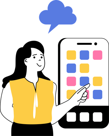 Mulher mostrando aplicativo de nuvem no smartphone  Ilustração