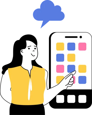 Mulher mostrando aplicativo de nuvem no smartphone  Ilustração