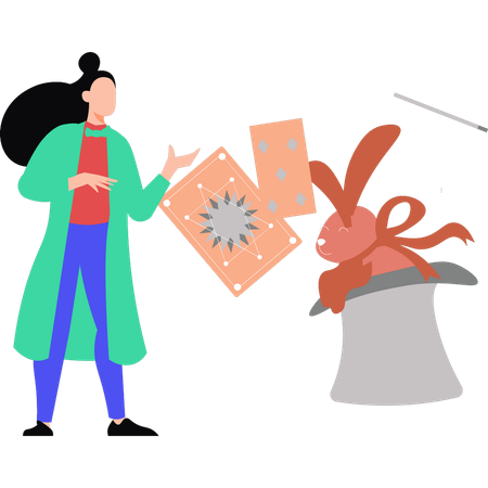 Mulher mostrando o truque mágico do coelho com chapéu  Ilustração