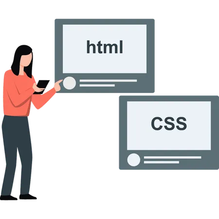 Mulher mostrando desenvolvimento web html e css  Ilustração