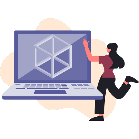 Mulher mostrando impressão 3D em laptop  Ilustração