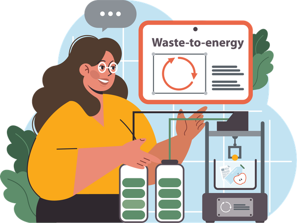 Mulher mostrando inovação em transformação de resíduos em energia  Ilustração