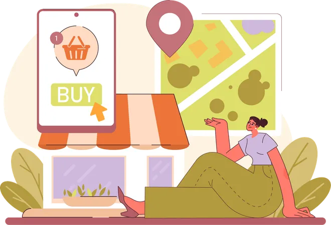 Mulher mostrando produto de compra online enquanto encontra o local do pedido  Ilustração