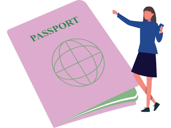 Mulher mostrando passaporte de turista  Ilustração