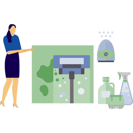Mulher mostrando produto de limpeza para casa  Ilustração