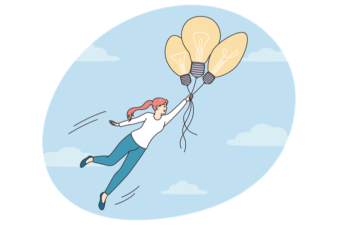 Mulher motivada voando no céu em lâmpadas  Ilustração