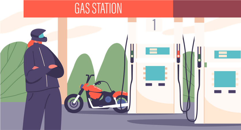 Motociclista feminina reabastece bicicleta em posto de gasolina  Ilustração