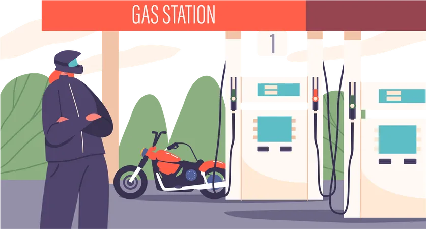 Motociclista feminina reabastece bicicleta em posto de gasolina  Ilustração