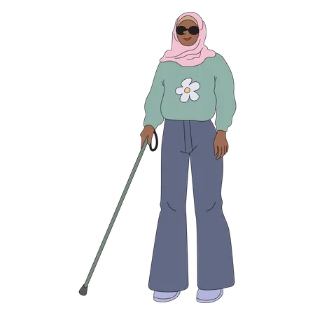 Mulher muçulmana cega andando com ajuda de bastão  Ilustração