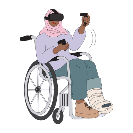 Mulher muçulmana com deficiência usando tecnologia VR  Ilustração