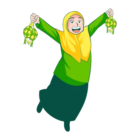 Mulher muçulmana com ketupat  Ilustração