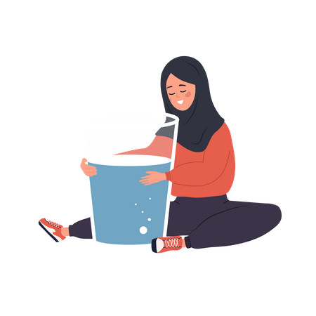 Mulher muçulmana sedenta abraça um grande copo de água pura  Ilustração