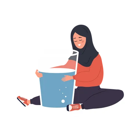 Mulher muçulmana sedenta abraça um grande copo de água pura  Ilustração