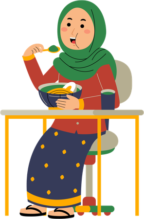 Mulher muçulmana comendo macarrão  Ilustração