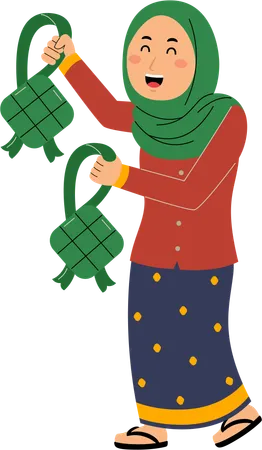 Mulher muçulmana compartilha ketupat  Ilustração