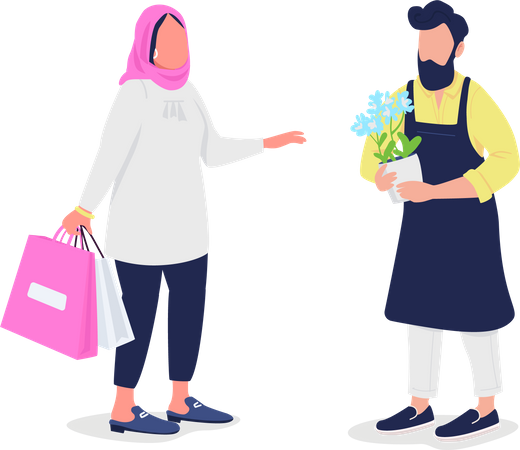 Mulher muçulmana comprando flores de florista  Ilustração