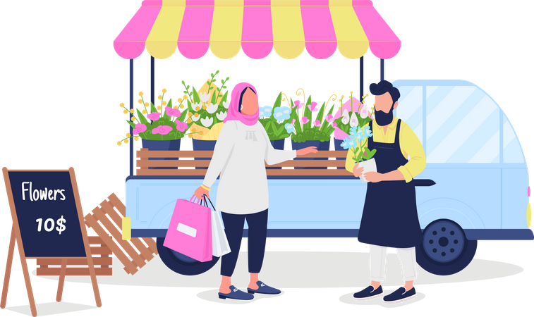Mulher muçulmana comprando flores de homem caucasiano  Ilustração