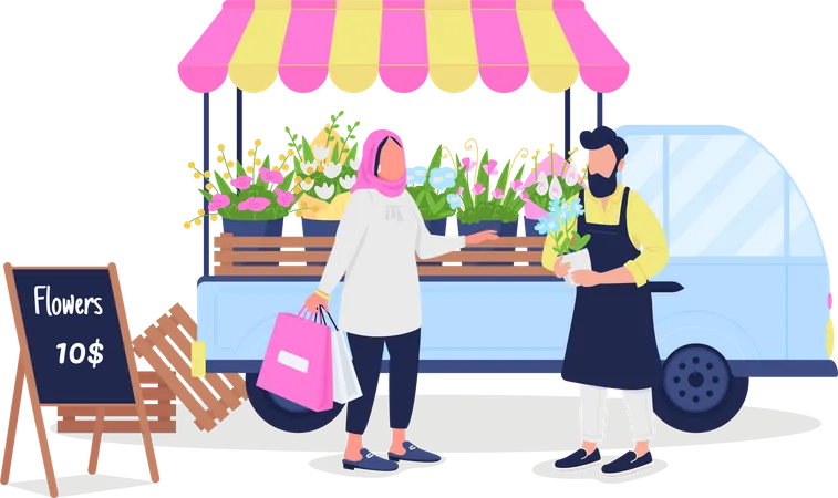 Mulher muçulmana comprando flores de homem caucasiano  Ilustração