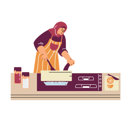 Mulher muçulmana cozinhando  Ilustração