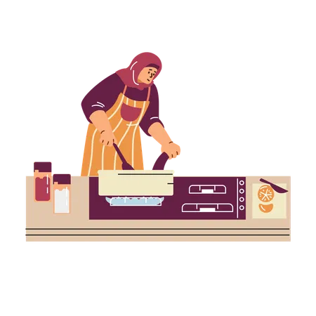 Mulher muçulmana cozinhando  Ilustração