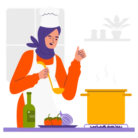 Mulher muçulmana cozinhando  Ilustração